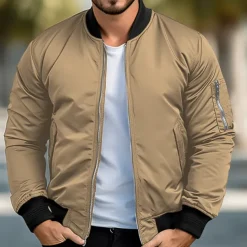 Men's Bomber Jacket Sport Coat Varsity Jacket Outdoor Sports Warm Pocket Fall Winter Plain Fashion Streetwear Stand Collar Regular Ocean Blue Red Green Khaki Jacket