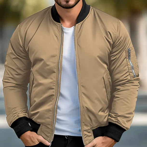 Men's Bomber Jacket Sport Coat Varsity Jacket Outdoor Sports Warm Pocket Fall Winter Plain Fashion Streetwear Stand Collar Regular Ocean Blue Red Green Khaki Jacket