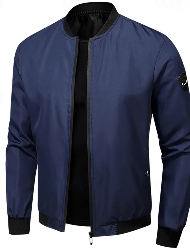 Men's Bomber Jacket Transition Jacket Going out Pocket All Seasons Plain Casual Standing Collar Regular Black Blue Army Green Gray Jacket