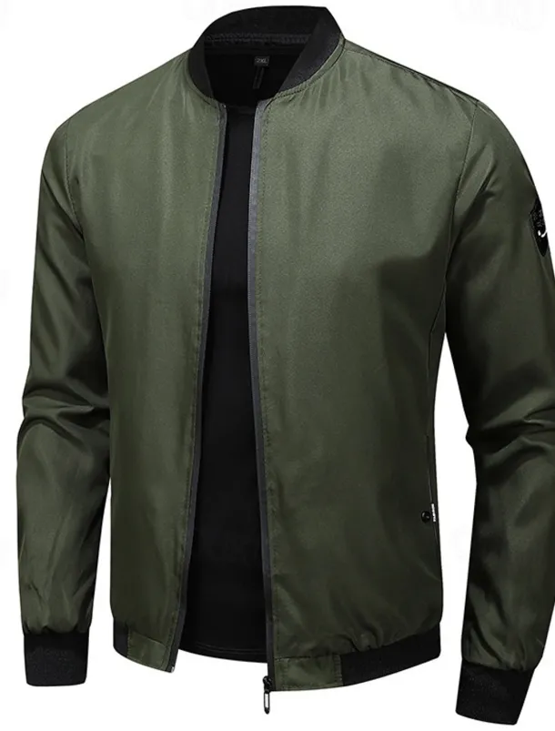 Men's Bomber Jacket Transition Jacket Going out Pocket All Seasons Plain Casual Standing Collar Regular Black Blue Army Green Gray Jacket