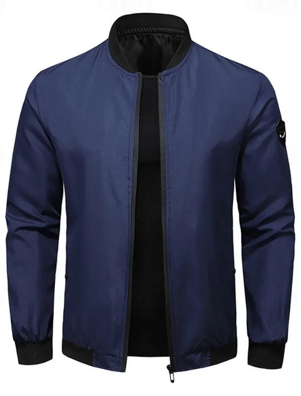Men's Bomber Jacket Transition Jacket Going out Pocket All Seasons Plain Casual Standing Collar Regular Black Blue Army Green Gray Jacket