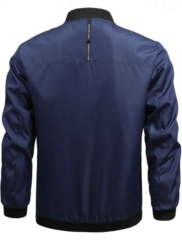 Men's Bomber Jacket Transition Jacket Going out Pocket All Seasons Plain Casual Standing Collar Regular Black Blue Army Green Gray Jacket