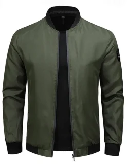 Men's Bomber Jacket Transition Jacket Going out Pocket All Seasons Plain Casual Standing Collar Regular Black Blue Army Green Gray Jacket