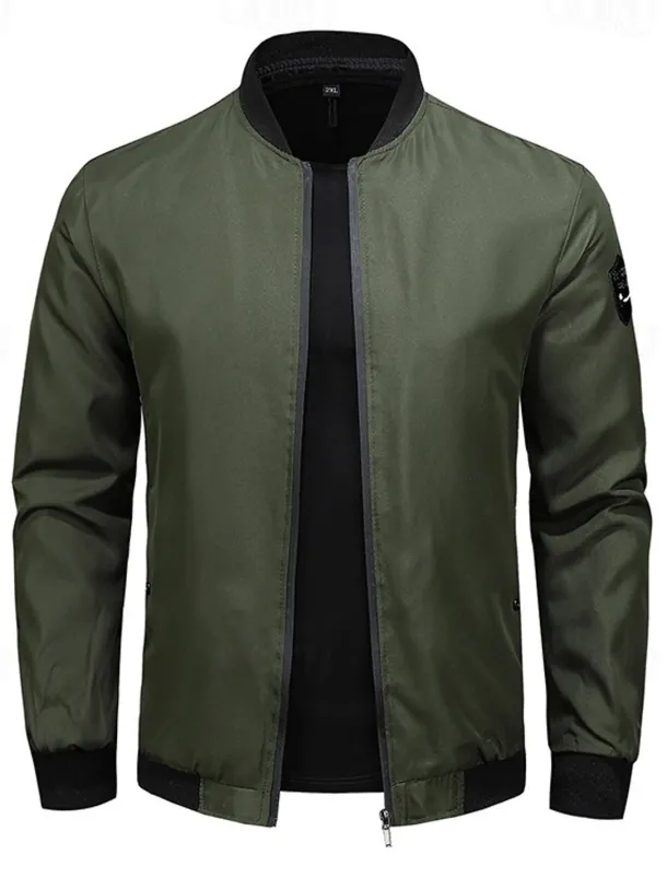 Men's Bomber Jacket Transition Jacket Going out Pocket All Seasons Plain Casual Standing Collar Regular Black Blue Army Green Gray Jacket