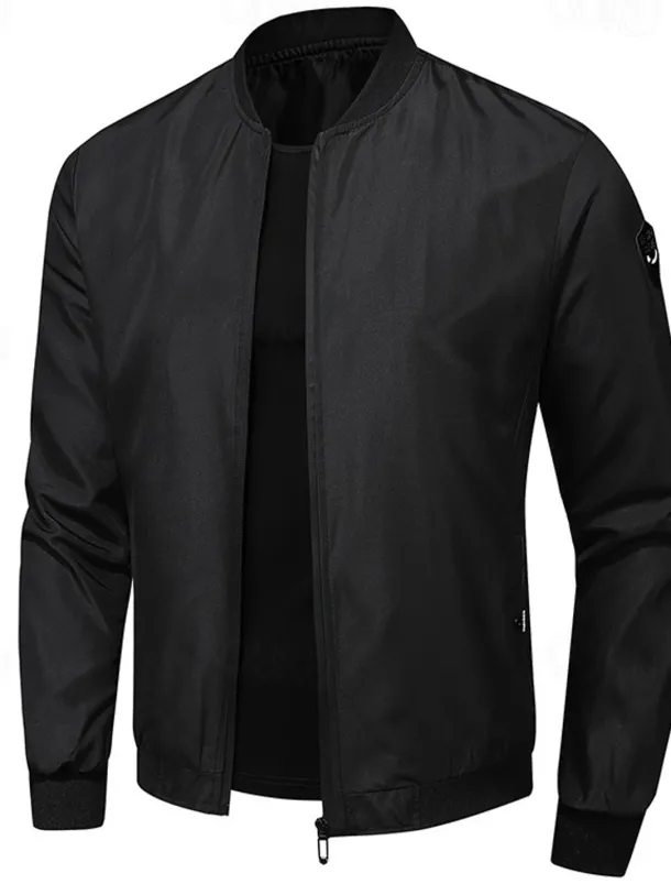 Men's Bomber Jacket Transition Jacket Going out Pocket All Seasons Plain Casual Standing Collar Regular Black Blue Army Green Gray Jacket