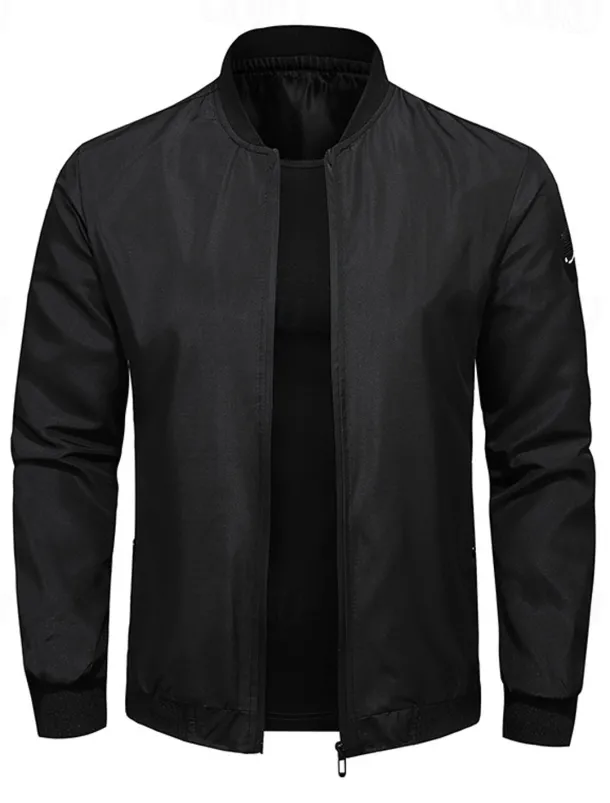 Men's Bomber Jacket Transition Jacket Going out Pocket All Seasons Plain Casual Standing Collar Regular Black Blue Army Green Gray Jacket