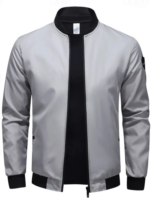 Men's Bomber Jacket Transition Jacket Going out Pocket All Seasons Plain Casual Standing Collar Regular Black Blue Army Green Gray Jacket