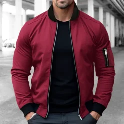 Men's Bomber Jacket Varsity Jacket Outdoor Sport Warm Pocket Fall Winter Plain Fashion Streetwear Stand Collar Short Black Blue Red & White Green Khaki Jacket