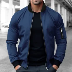 Men's Bomber Jacket Varsity Jacket Outdoor Sport Warm Pocket Fall Winter Plain Fashion Streetwear Stand Collar Short Black Blue Red & White Green Khaki Jacket