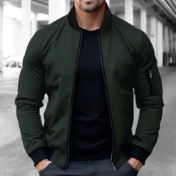 Men's Bomber Jacket Varsity Jacket Outdoor Sport Warm Pocket Fall Winter Plain Fashion Streetwear Stand Collar Short Black Blue Red & White Green Khaki Jacket