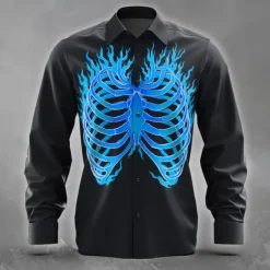 Men's Bone Flame Halloween Costumes Shirt Button Up Shirt Long Sleeve Dark Gothic Style Holiday Streetwear Summer Spring Turndown 3D Print Collared Shirts Blue Purple Orange Green