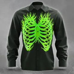 Men's Bone Flame Halloween Costumes Shirt Button Up Shirt Long Sleeve Dark Gothic Style Holiday Streetwear Summer Spring Turndown 3D Print Collared Shirts Blue Purple Orange Green