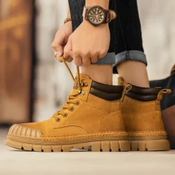 Men's Boots Work Boots Premium Leather Comfortable Slip Resistant Lace-up Yellow Khaki