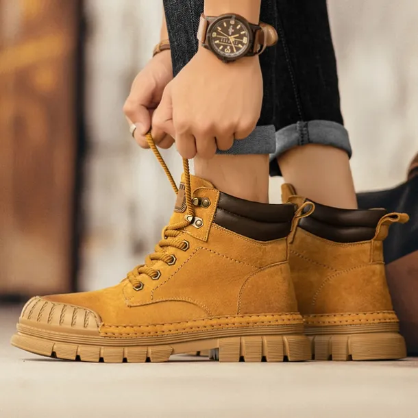 Men's Boots Work Boots Premium Leather Comfortable Slip Resistant Lace-up Yellow Khaki