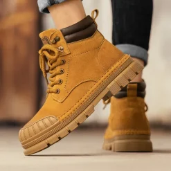 Men's Boots Work Boots Premium Leather Comfortable Slip Resistant Lace-up Yellow Khaki