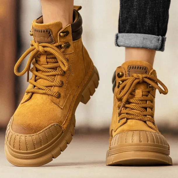 Men's Boots Work Boots Premium Leather Comfortable Slip Resistant Lace-up Yellow Khaki