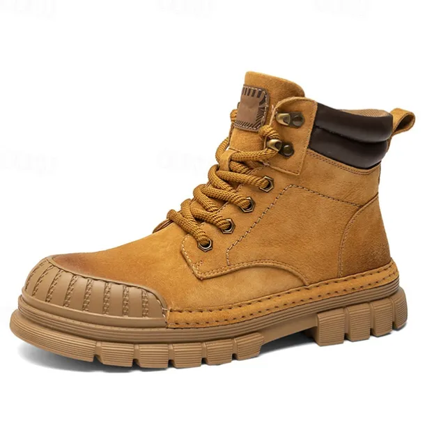 Men's Boots Work Boots Premium Leather Comfortable Slip Resistant Lace-up Yellow Khaki