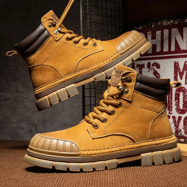 Men's Boots Work Boots Premium Leather Comfortable Slip Resistant Lace-up Yellow Khaki
