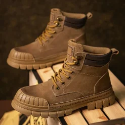 Men's Boots Work Boots Premium Leather Comfortable Slip Resistant Lace-up Yellow Khaki
