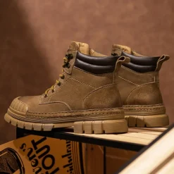 Men's Boots Work Boots Premium Leather Comfortable Slip Resistant Lace-up Yellow Khaki
