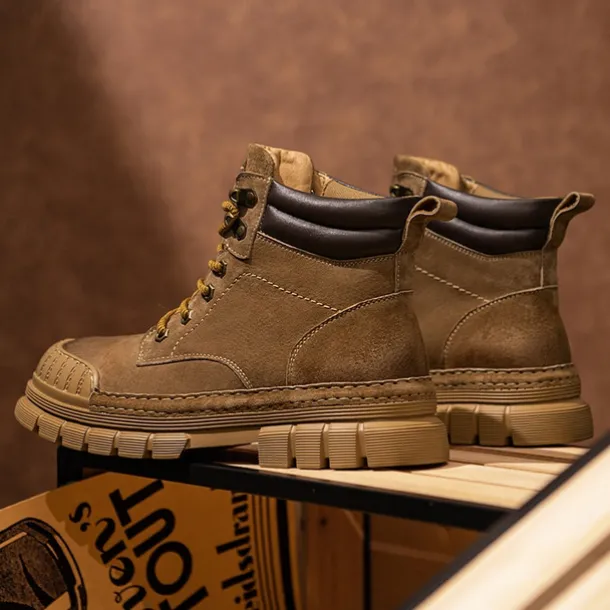 Men's Boots Work Boots Premium Leather Comfortable Slip Resistant Lace-up Yellow Khaki