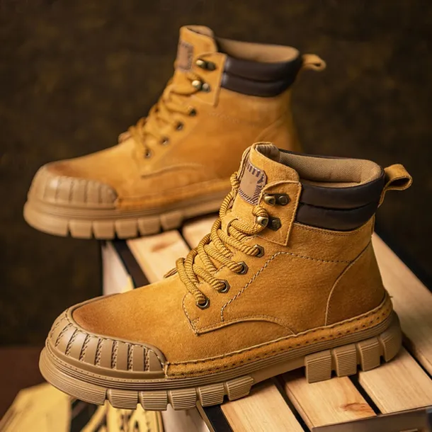 Men's Boots Work Boots Premium Leather Comfortable Slip Resistant Lace-up Yellow Khaki
