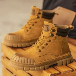 Men's Boots Work Boots Premium Leather Comfortable Slip Resistant Lace-up Yellow Khaki