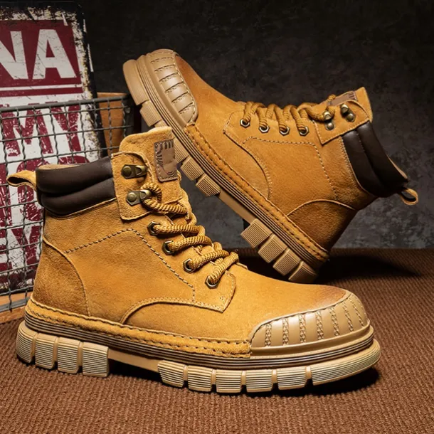 Men's Boots Work Boots Premium Leather Comfortable Slip Resistant Lace-up Yellow Khaki