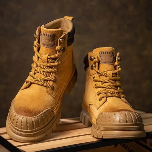 Men's Boots Work Boots Premium Leather Comfortable Slip Resistant Lace-up Yellow Khaki
