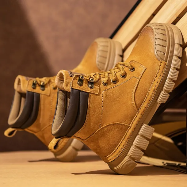 Men's Boots Work Boots Premium Leather Comfortable Slip Resistant Lace-up Yellow Khaki