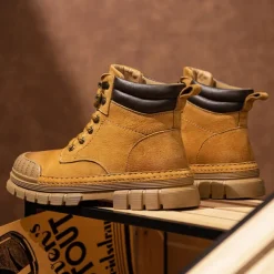 Men's Boots Work Boots Premium Leather Comfortable Slip Resistant Lace-up Yellow Khaki