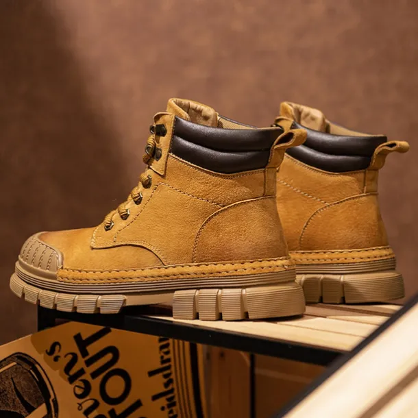 Men's Boots Work Boots Premium Leather Comfortable Slip Resistant Lace-up Yellow Khaki