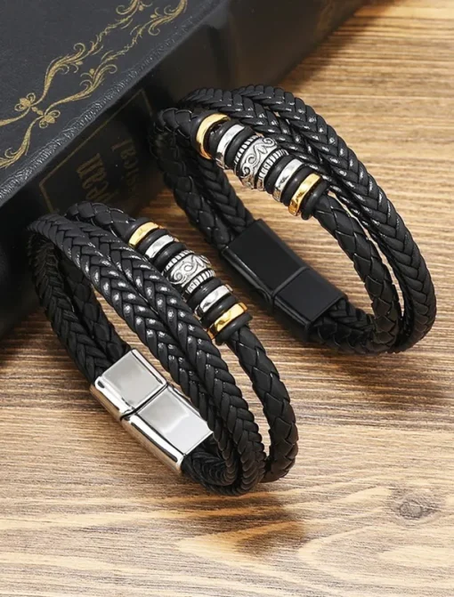 Men's Braided Leather Bracelet with Metal Bead Accents – Stylish Double-Layer Black Bracelet with Magnetic Clasp