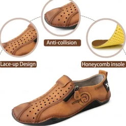 Men's Breathable Faux Leather Slip-On Casual Shoes – Vintage Style Loafers with Zipper & Perforated Design for Driving, Walking & Daily Wear