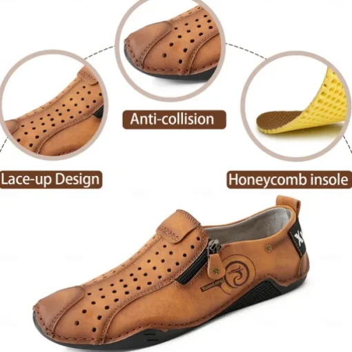Men's Breathable Faux Leather Slip-On Casual Shoes – Vintage Style Loafers with Zipper & Perforated Design for Driving, Walking & Daily Wear