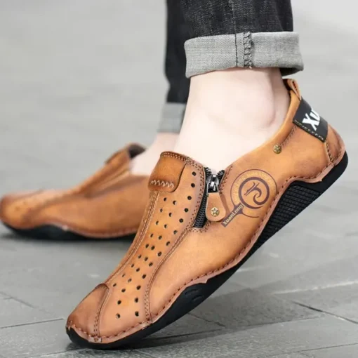 Men's Breathable Faux Leather Slip-On Casual Shoes – Vintage Style Loafers with Zipper & Perforated Design for Driving, Walking & Daily Wear