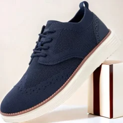 Men's Breathable Knit Brogue Sneakers - Casual Lace-Up Lightweight Shoes for Daily Wear & Walking