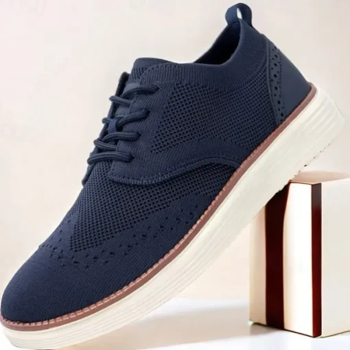 Men's Breathable Knit Brogue Sneakers - Casual Lace-Up Lightweight Shoes for Daily Wear & Walking
