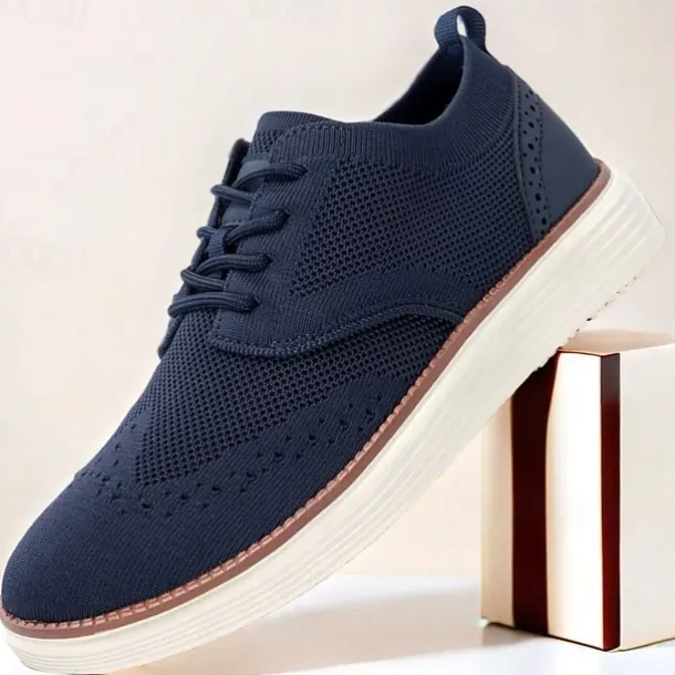 Men's Breathable Knit Brogue Sneakers - Casual Lace-Up Lightweight Shoes for Daily Wear & Walking