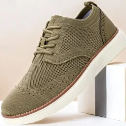 Men's Breathable Knit Brogue Sneakers - Casual Lace-Up Lightweight Shoes for Daily Wear & Walking