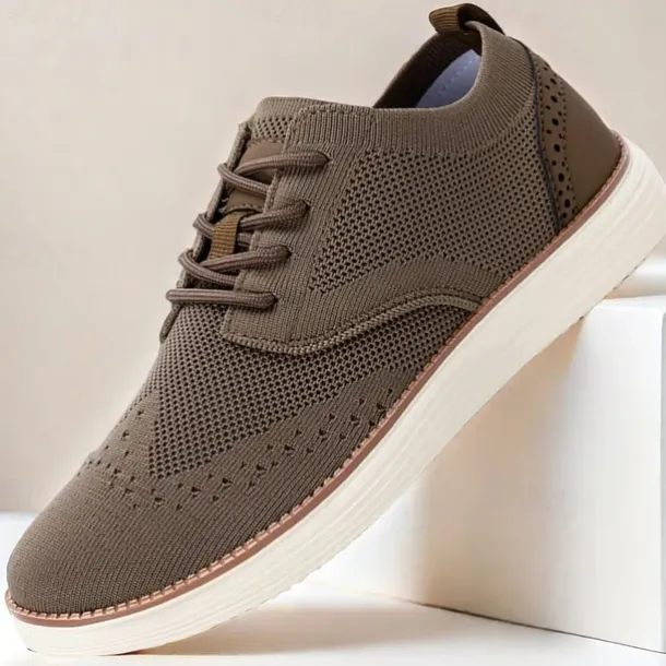 Men's Breathable Knit Brogue Sneakers - Casual Lace-Up Lightweight Shoes for Daily Wear & Walking