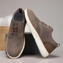 Men's Breathable Knit Brogue Sneakers - Casual Lace-Up Lightweight Shoes for Daily Wear & Walking
