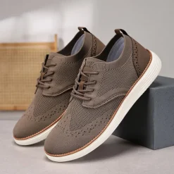 Men's Breathable Knit Brogue Sneakers - Casual Lace-Up Lightweight Shoes for Daily Wear & Walking