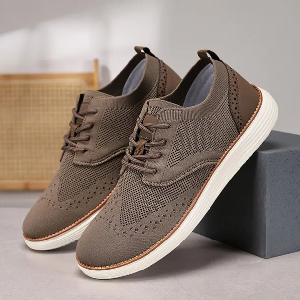 Men's Breathable Knit Brogue Sneakers - Casual Lace-Up Lightweight Shoes for Daily Wear & Walking