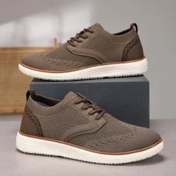 Men's Breathable Knit Brogue Sneakers - Casual Lace-Up Lightweight Shoes for Daily Wear & Walking