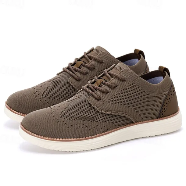 Men's Breathable Knit Brogue Sneakers - Casual Lace-Up Lightweight Shoes for Daily Wear & Walking