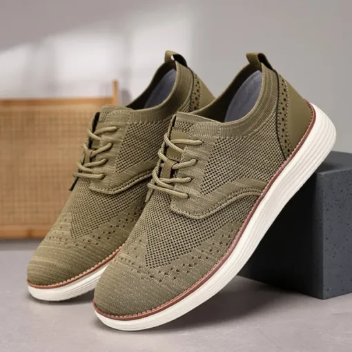 Men's Breathable Knit Brogue Sneakers - Casual Lace-Up Lightweight Shoes for Daily Wear & Walking