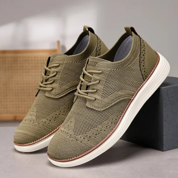 Men's Breathable Knit Brogue Sneakers - Casual Lace-Up Lightweight Shoes for Daily Wear & Walking