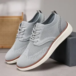 Men's Breathable Knit Brogue Sneakers - Casual Lace-Up Lightweight Shoes for Daily Wear & Walking
