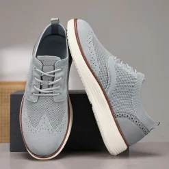 Men's Breathable Knit Brogue Sneakers - Casual Lace-Up Lightweight Shoes for Daily Wear & Walking
